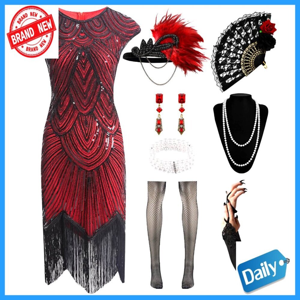 1920s Sequin Fringe Flapper Dress Set with Accessories Vintage Cocktail